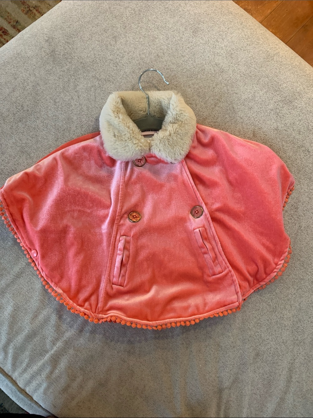 Baby / Toddler Pink Velvet Cape with Cream Faux Fur Collar